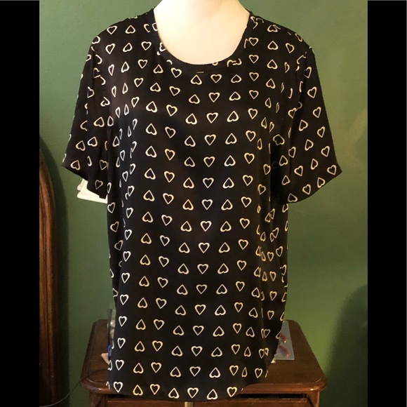 Neiman Marcus Black with White Hearts Short Sleeves T-Shirt Style Silk Blouse - Picture 1 of 8